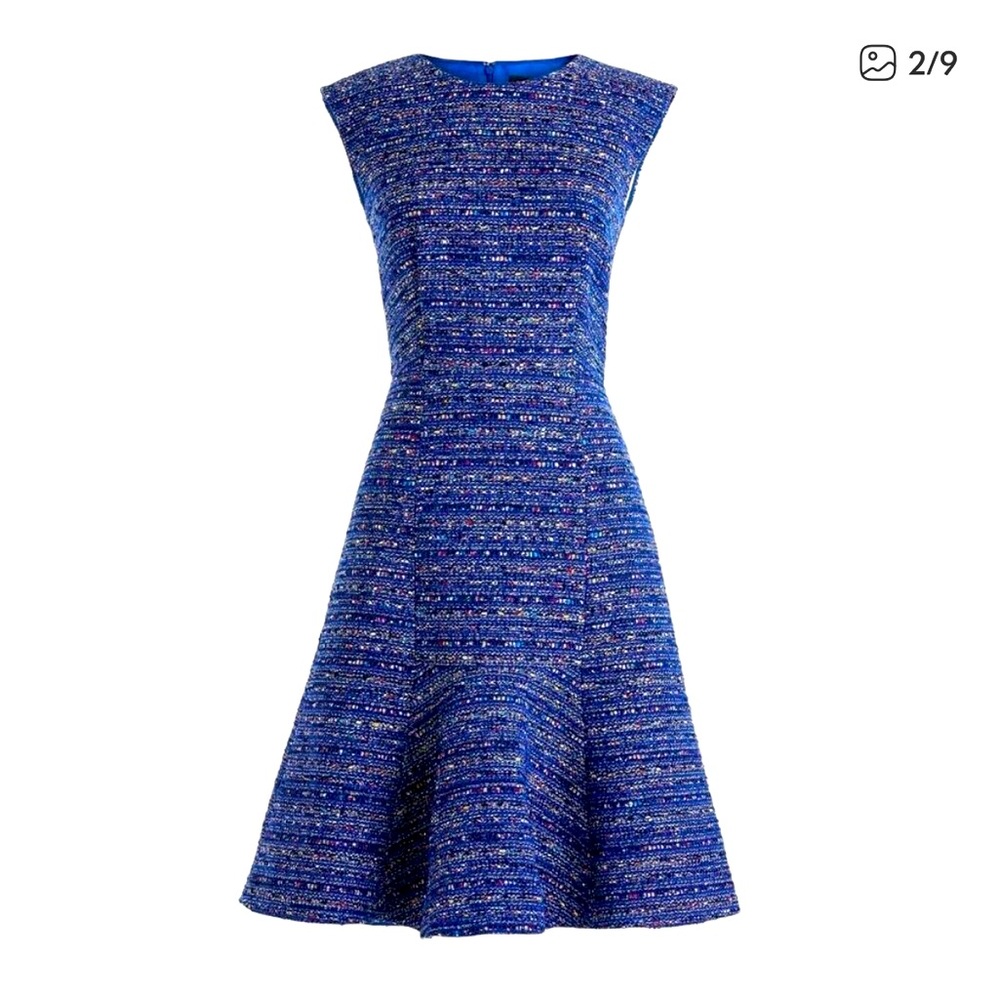 NWT J. Crew Blue Coco Tweed Boucle Fluted Flare Hem Dress Size 8 - Picture 2 of 11